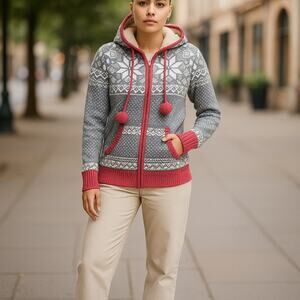 Between Me & You Womens Cardigan Size XS Fair Isle Pink Gray Cream Zip Front NEW